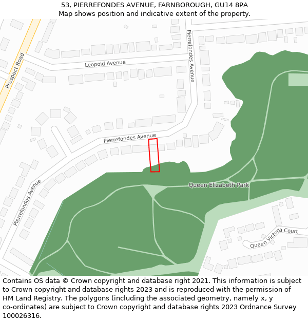 53, PIERREFONDES AVENUE, FARNBOROUGH, GU14 8PA: Location map and indicative extent of plot