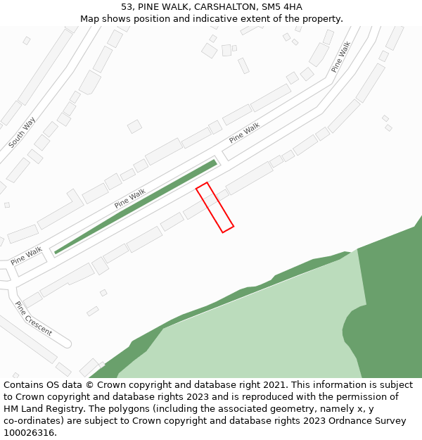 53, PINE WALK, CARSHALTON, SM5 4HA: Location map and indicative extent of plot
