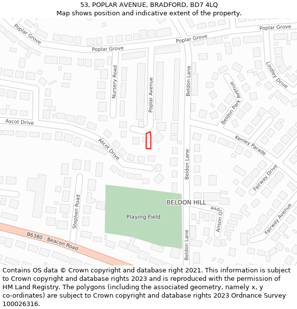 53, POPLAR AVENUE, BRADFORD, BD7 4LQ: Location map and indicative extent of plot