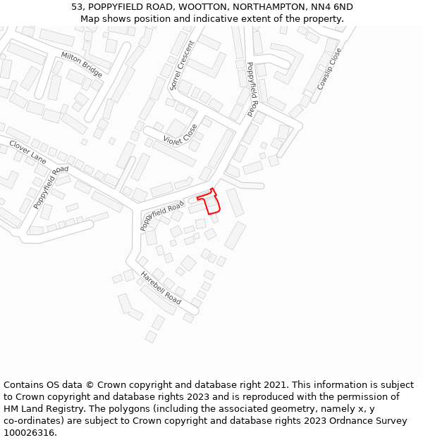 53, POPPYFIELD ROAD, WOOTTON, NORTHAMPTON, NN4 6ND: Location map and indicative extent of plot