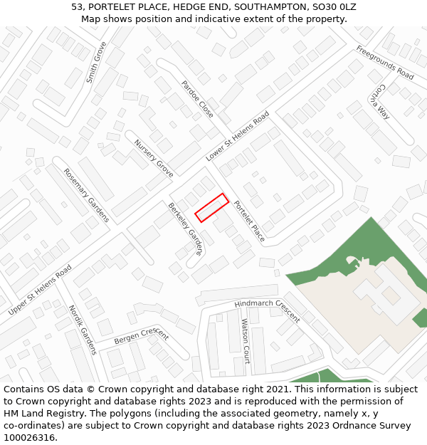 53, PORTELET PLACE, HEDGE END, SOUTHAMPTON, SO30 0LZ: Location map and indicative extent of plot