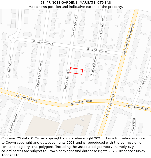 53, PRINCES GARDENS, MARGATE, CT9 3AS: Location map and indicative extent of plot