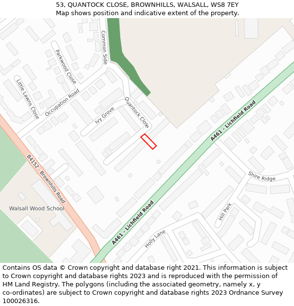 53, QUANTOCK CLOSE, BROWNHILLS, WALSALL, WS8 7EY: Location map and indicative extent of plot