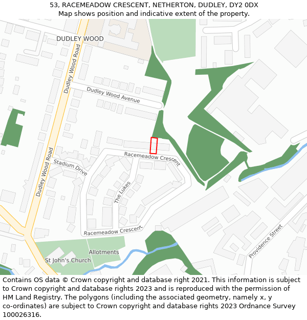 53, RACEMEADOW CRESCENT, NETHERTON, DUDLEY, DY2 0DX: Location map and indicative extent of plot