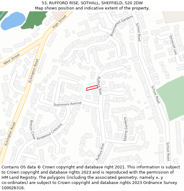 53, RUFFORD RISE, SOTHALL, SHEFFIELD, S20 2DW: Location map and indicative extent of plot