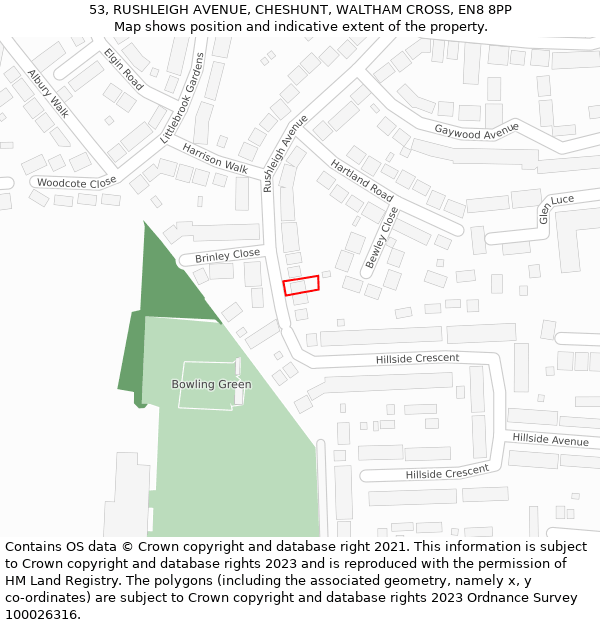 53, RUSHLEIGH AVENUE, CHESHUNT, WALTHAM CROSS, EN8 8PP: Location map and indicative extent of plot