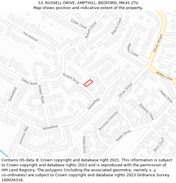 53, RUSSELL DRIVE, AMPTHILL, BEDFORD, MK45 2TU: Location map and indicative extent of plot