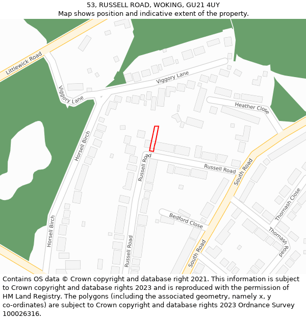 53, RUSSELL ROAD, WOKING, GU21 4UY: Location map and indicative extent of plot