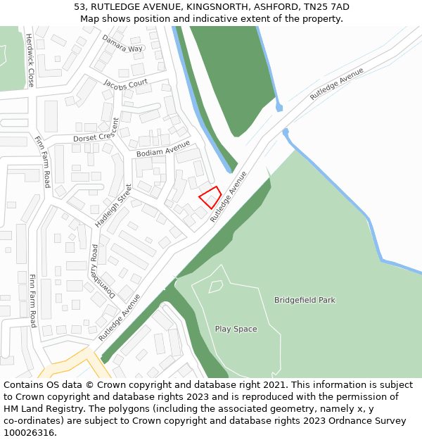 53, RUTLEDGE AVENUE, KINGSNORTH, ASHFORD, TN25 7AD: Location map and indicative extent of plot