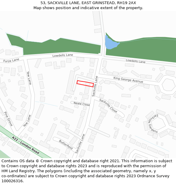 53, SACKVILLE LANE, EAST GRINSTEAD, RH19 2AX: Location map and indicative extent of plot