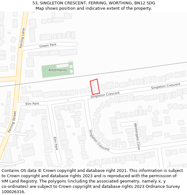 53, SINGLETON CRESCENT, FERRING, WORTHING, BN12 5DG: Location map and indicative extent of plot