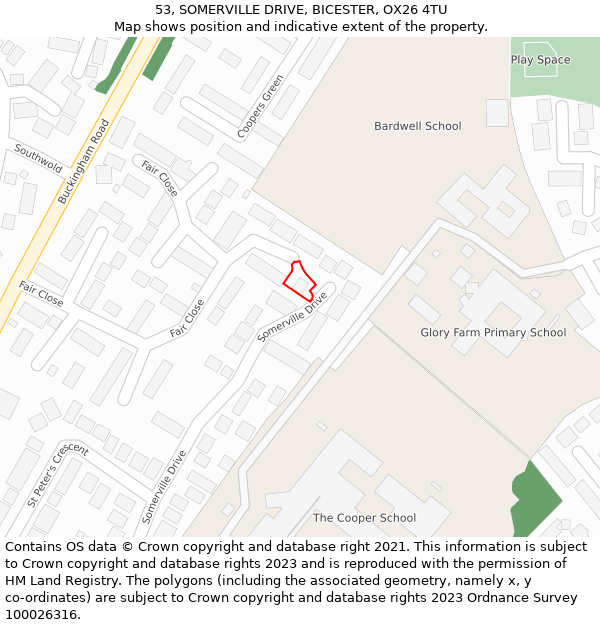 53, SOMERVILLE DRIVE, BICESTER, OX26 4TU: Location map and indicative extent of plot
