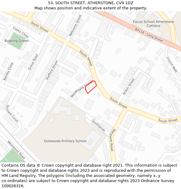 53, SOUTH STREET, ATHERSTONE, CV9 1DZ: Location map and indicative extent of plot
