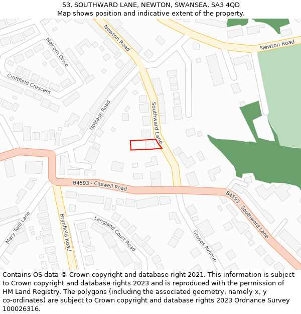 53, SOUTHWARD LANE, NEWTON, SWANSEA, SA3 4QD: Location map and indicative extent of plot