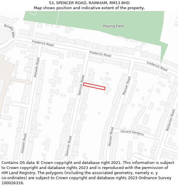 53, SPENCER ROAD, RAINHAM, RM13 8HD: Location map and indicative extent of plot