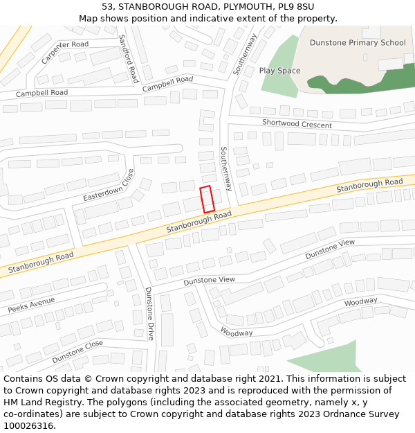 53, STANBOROUGH ROAD, PLYMOUTH, PL9 8SU: Location map and indicative extent of plot