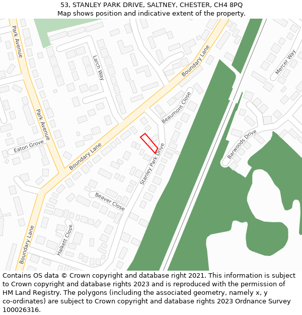 53, STANLEY PARK DRIVE, SALTNEY, CHESTER, CH4 8PQ: Location map and indicative extent of plot