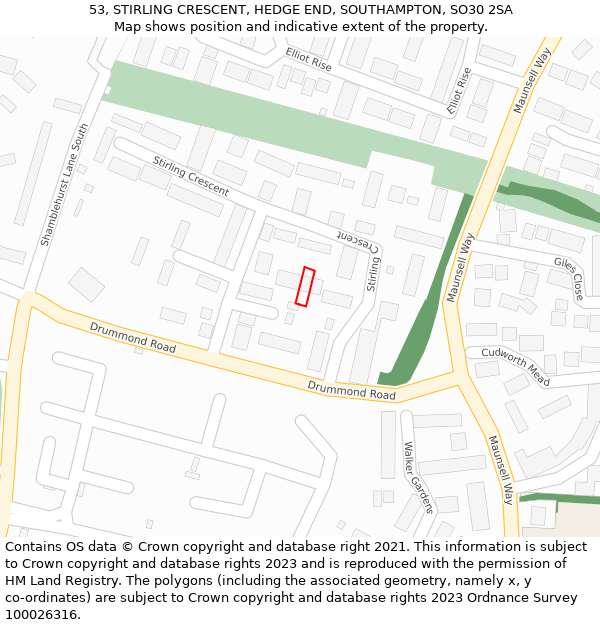 53, STIRLING CRESCENT, HEDGE END, SOUTHAMPTON, SO30 2SA: Location map and indicative extent of plot