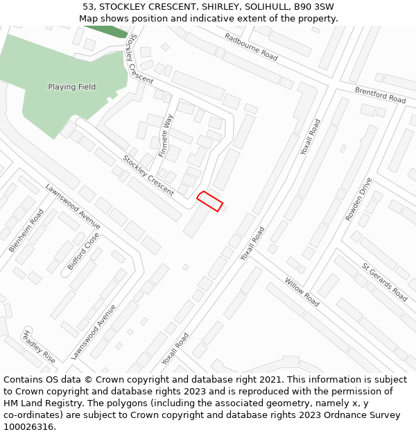 53, STOCKLEY CRESCENT, SHIRLEY, SOLIHULL, B90 3SW: Location map and indicative extent of plot