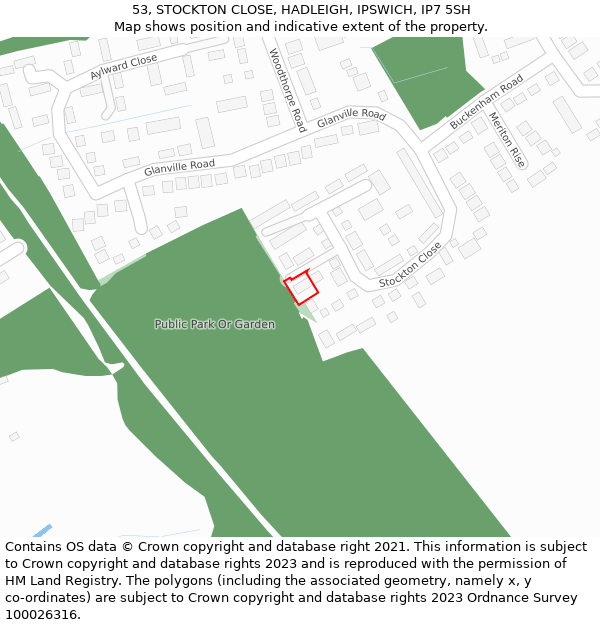 53, STOCKTON CLOSE, HADLEIGH, IPSWICH, IP7 5SH: Location map and indicative extent of plot