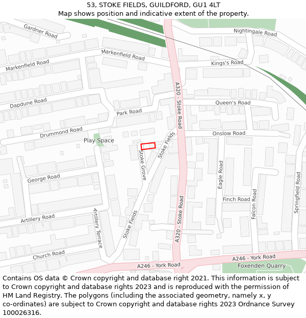 53, STOKE FIELDS, GUILDFORD, GU1 4LT: Location map and indicative extent of plot