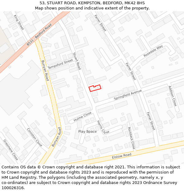 53, STUART ROAD, KEMPSTON, BEDFORD, MK42 8HS: Location map and indicative extent of plot