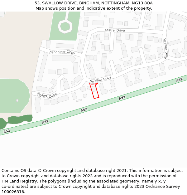 53, SWALLOW DRIVE, BINGHAM, NOTTINGHAM, NG13 8QA: Location map and indicative extent of plot