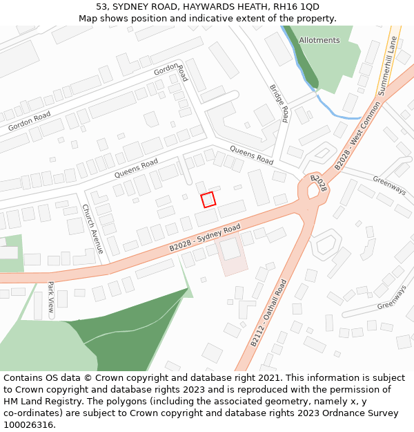 53, SYDNEY ROAD, HAYWARDS HEATH, RH16 1QD: Location map and indicative extent of plot