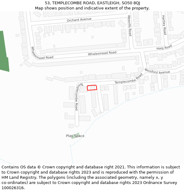 53, TEMPLECOMBE ROAD, EASTLEIGH, SO50 8QJ: Location map and indicative extent of plot