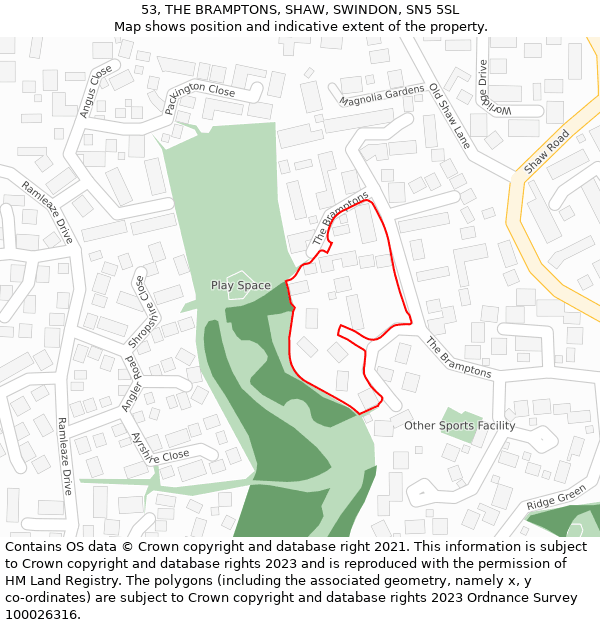 53, THE BRAMPTONS, SHAW, SWINDON, SN5 5SL: Location map and indicative extent of plot