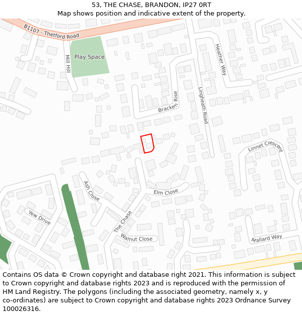 53, THE CHASE, BRANDON, IP27 0RT: Location map and indicative extent of plot