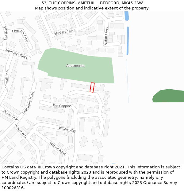 53, THE COPPINS, AMPTHILL, BEDFORD, MK45 2SW: Location map and indicative extent of plot