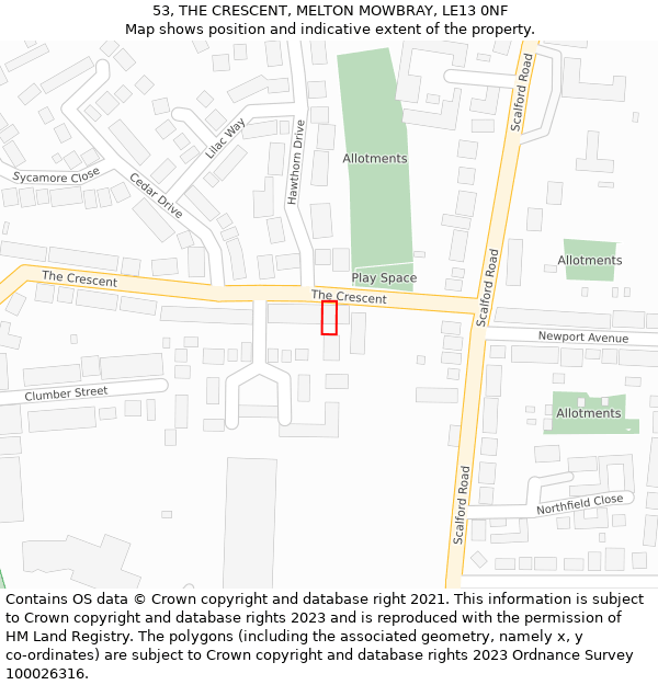 53, THE CRESCENT, MELTON MOWBRAY, LE13 0NF: Location map and indicative extent of plot