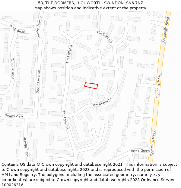 53, THE DORMERS, HIGHWORTH, SWINDON, SN6 7NZ: Location map and indicative extent of plot