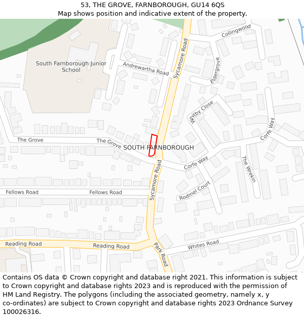 53, THE GROVE, FARNBOROUGH, GU14 6QS: Location map and indicative extent of plot