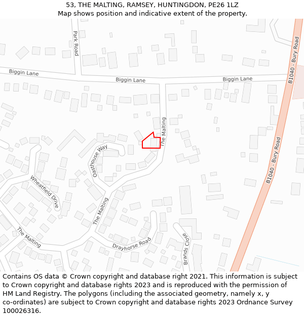 53, THE MALTING, RAMSEY, HUNTINGDON, PE26 1LZ: Location map and indicative extent of plot