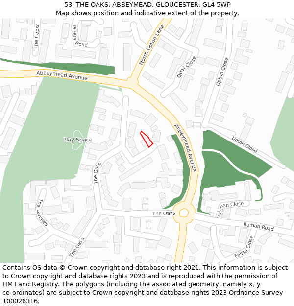 53, THE OAKS, ABBEYMEAD, GLOUCESTER, GL4 5WP: Location map and indicative extent of plot