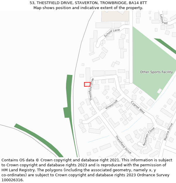 53, THESTFIELD DRIVE, STAVERTON, TROWBRIDGE, BA14 8TT: Location map and indicative extent of plot