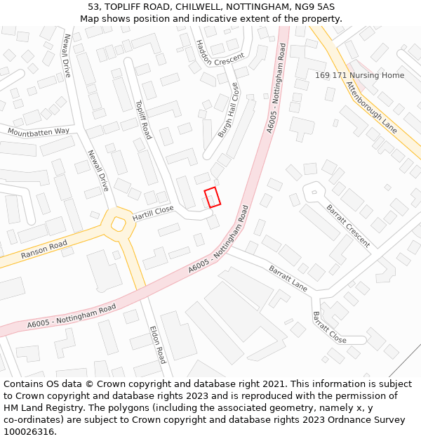 53, TOPLIFF ROAD, CHILWELL, NOTTINGHAM, NG9 5AS: Location map and indicative extent of plot