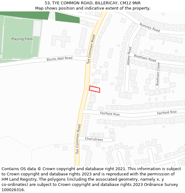53, TYE COMMON ROAD, BILLERICAY, CM12 9NR: Location map and indicative extent of plot