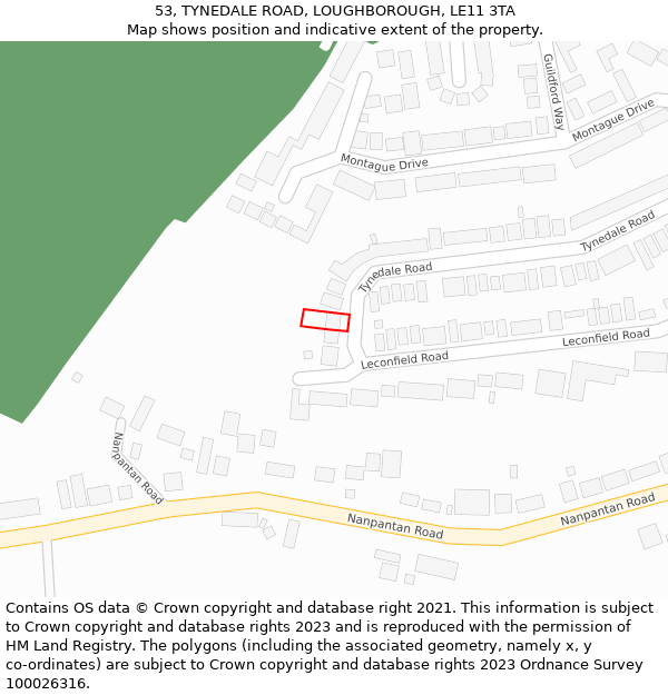 53, TYNEDALE ROAD, LOUGHBOROUGH, LE11 3TA: Location map and indicative extent of plot