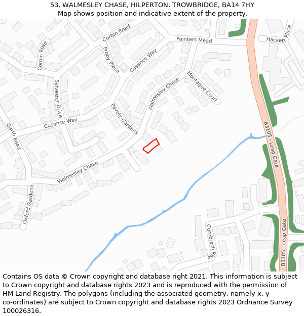 53, WALMESLEY CHASE, HILPERTON, TROWBRIDGE, BA14 7HY: Location map and indicative extent of plot