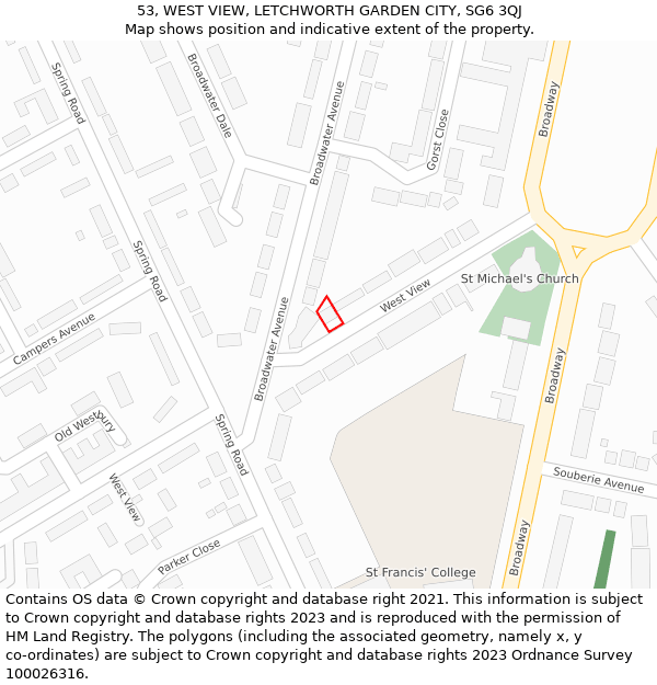 53, WEST VIEW, LETCHWORTH GARDEN CITY, SG6 3QJ: Location map and indicative extent of plot