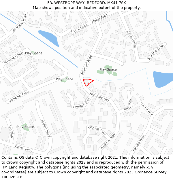 53, WESTROPE WAY, BEDFORD, MK41 7SX: Location map and indicative extent of plot