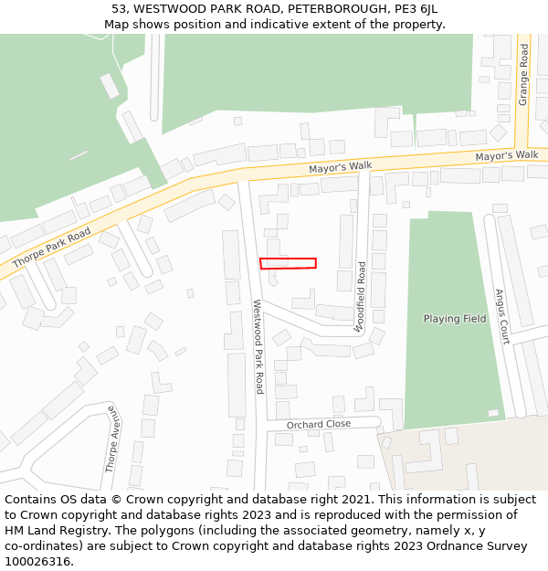 53, WESTWOOD PARK ROAD, PETERBOROUGH, PE3 6JL: Location map and indicative extent of plot