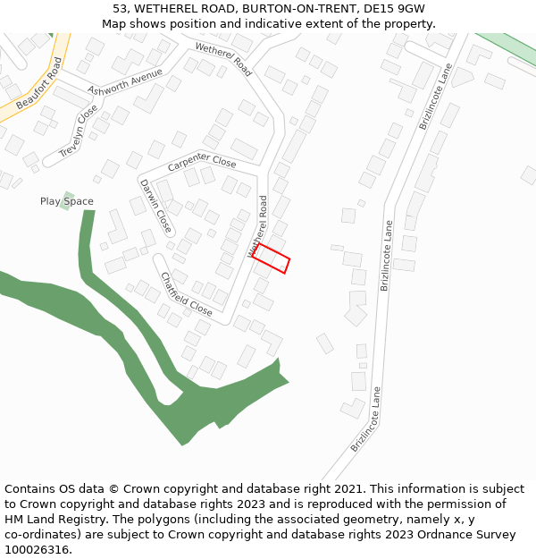 53, WETHEREL ROAD, BURTON-ON-TRENT, DE15 9GW: Location map and indicative extent of plot