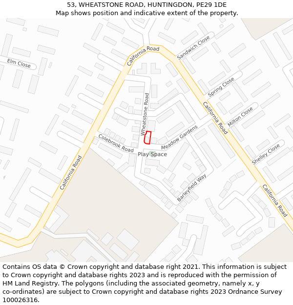 53, WHEATSTONE ROAD, HUNTINGDON, PE29 1DE: Location map and indicative extent of plot