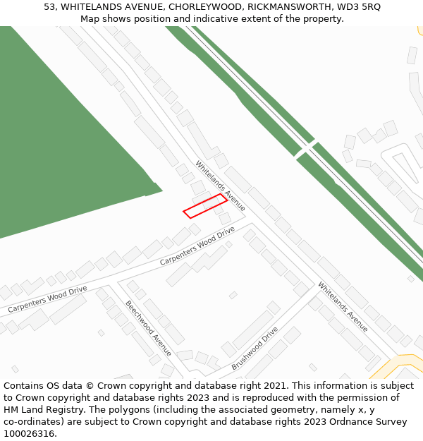 53, WHITELANDS AVENUE, CHORLEYWOOD, RICKMANSWORTH, WD3 5RQ: Location map and indicative extent of plot