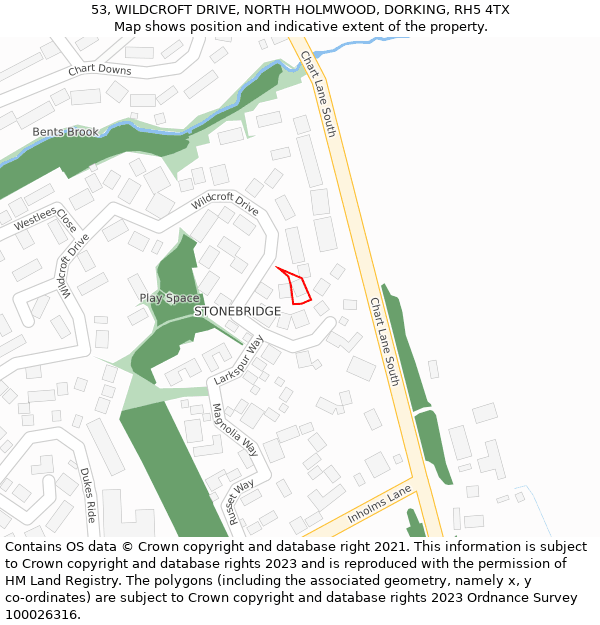 53, WILDCROFT DRIVE, NORTH HOLMWOOD, DORKING, RH5 4TX: Location map and indicative extent of plot