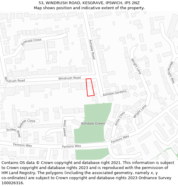53, WINDRUSH ROAD, KESGRAVE, IPSWICH, IP5 2NZ: Location map and indicative extent of plot